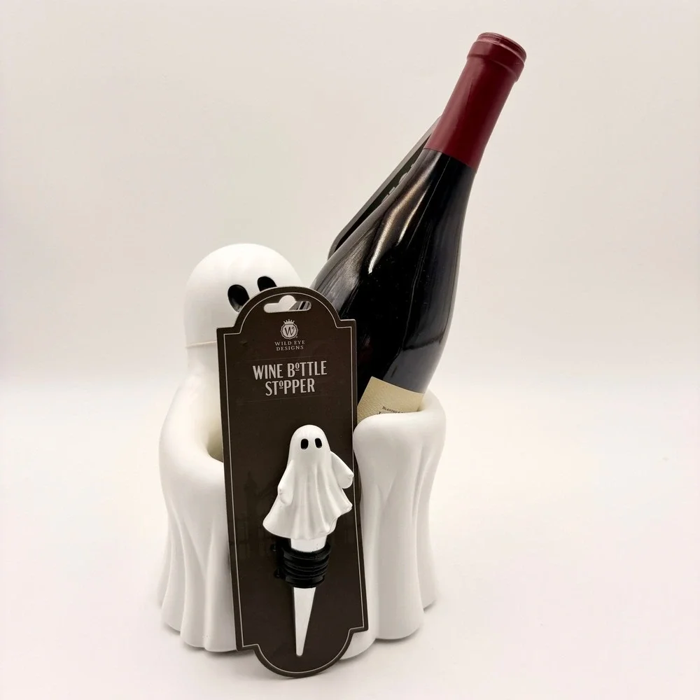 Wild Eye Designs Ghost Wine Bottle Holder and Stopper Set Halloween White Matte